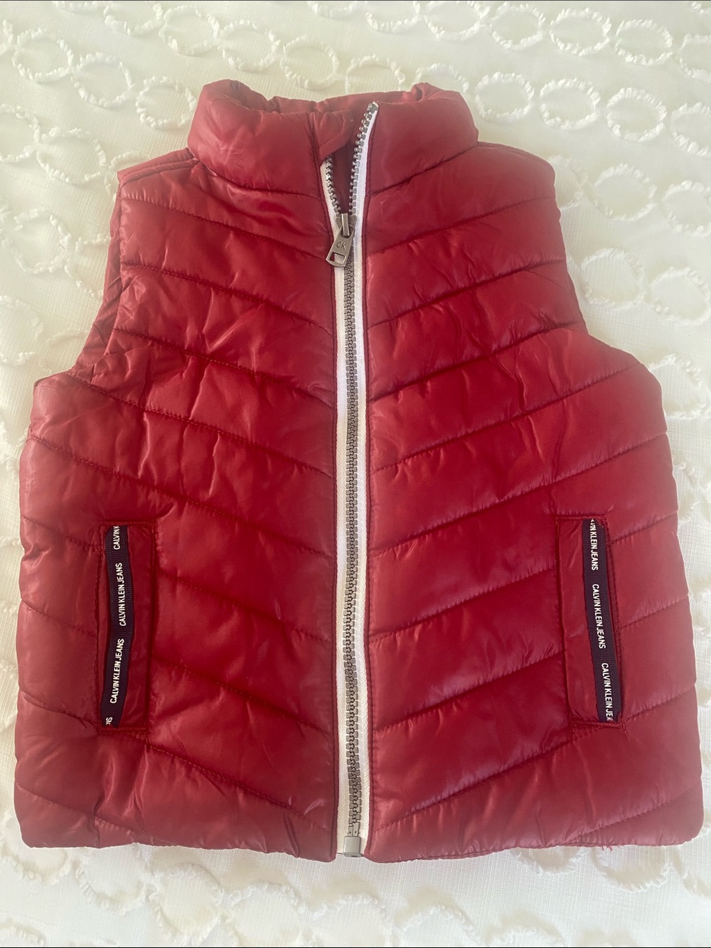 Calvin Klein Jeans Red Quilted Kids Puffer Vest with Branded Pocket Trim
